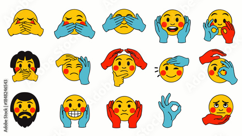 Collection of Emoticons Expressing Various Emotions and Gestures - See No Evil, Hear No Evil, Speak No Evil, OK Sign, Sadness, Anger