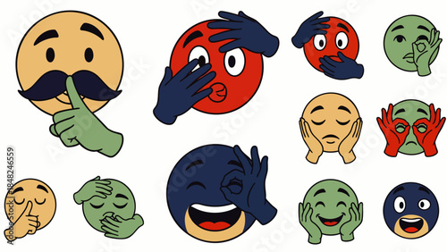 Cartoon emoji faces with expressive hand gestures. Features silence, surprise, secrecy, and the 'see no evil, hear no evil, speak no evil' concept.