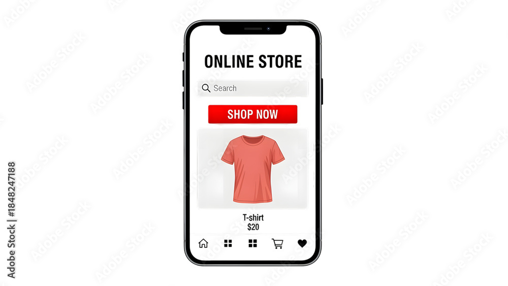 Fototapeta premium Smartphone screen displaying online store with t-shirt isolated on a transparent background shopping app