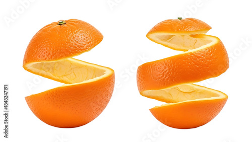 Two peeled oranges with segments separated in a spiral shape isolated on a transparent background orange segments