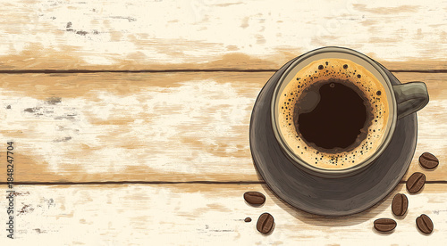 Coffee cup filled with dark brew sits on rustic wooden table, surrounded by scattered coffee beans, creating a warm and inviting atmosphere for coffee lovers