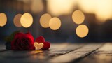Romantic gesture heartfelt love with roses sunset ambiance close-up photography intimate setting soft bokeh background