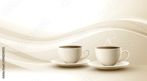 Two elegant white coffee cups on saucers, steaming with hot beverage, set against a soft, flowing abstract background, creating a warm and inviting atmosphere for coffee lovers