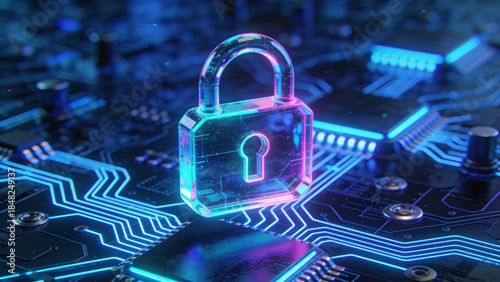 Futuristic 3D Glowing Padlock on Digital Circuit Board Background for Cyber Security