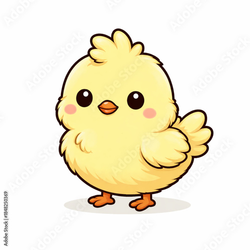 Adorable yellow baby chick character with fluffy feathers rosy cheeks and tiny wings smiling kawaii cartoon mascot isolated on white background for kids education easter greeting and nursery