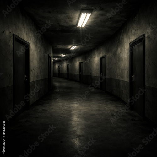 Dark abandoned industrial hallway with closed doors eerie concrete corridor underground bunker prison or hospital interior atmosphere