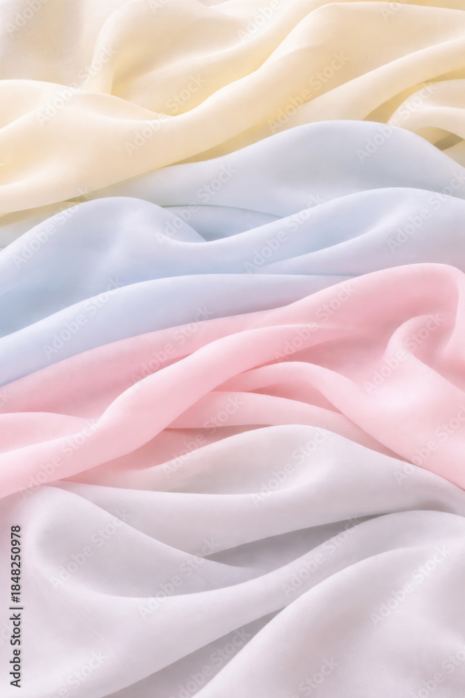 Obraz premium Soft pastel fabric texture background with flowing folds of pink white and beige textile creating elegant abstract fashion and interior design backdrop