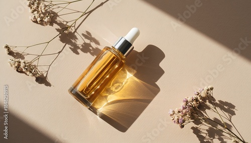 A glass dropper bottle of golden skincare serum surrounded by dried flowers on a beige background with soft shadows. Perfect for skincare product showcases, beauty advertisements, and