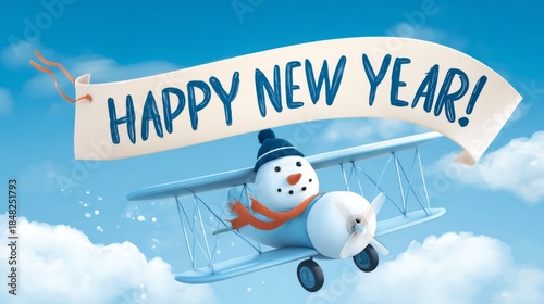 Snowman pilot flying a biplane with Happy New Year banner in a blue sky. Festive New Year illustration for holiday greeting card and celebration.