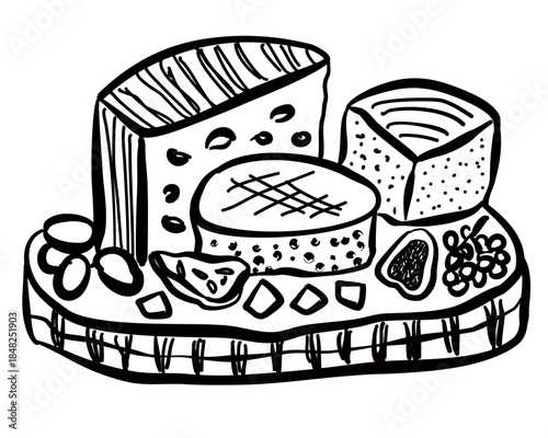 Set of different types of cheese such as Parmesan, Cheddar, Mozzarella, blue cheese, tofu, Camembert , ricotta and feta.Cheese plate with olives, figs and grapes.Vector doodle illustration.