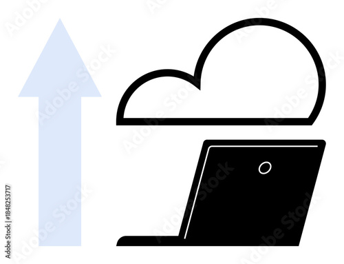 Technology, cloud storage, data transfer, backup solutions, online services, remote access. Graphic shows a cloud, upward arrow and laptop. Technology and cloud storage concept