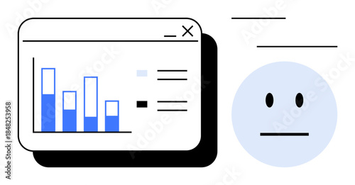 Data analysis, business intelligence, user experience, behavioral insights, digital tools, analytics. Bar graph on a screen and neutral face icon. Data analysis and business intelligence concept