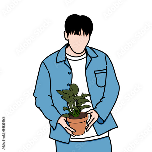 Vector illustration of a male prisoner holding a flower pot. The painting was inspired by a scene from a popular Korean drama.