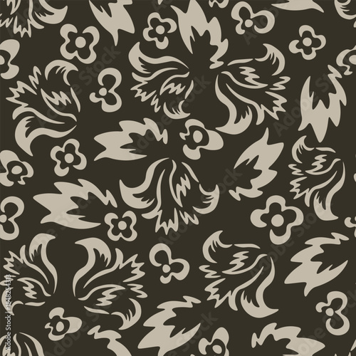 Seamless blooming floral pattern based on hand drawn art ornaments. Colorful flowers on color background. Vector illustration. Simple minimalistic pattern for fabric, textile.