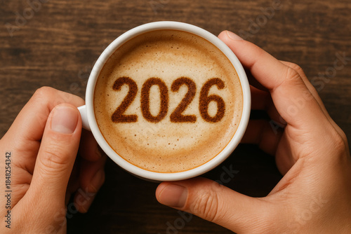 A cup of cappuccino coffee with foam announcing the new year 2026. Image created using AI