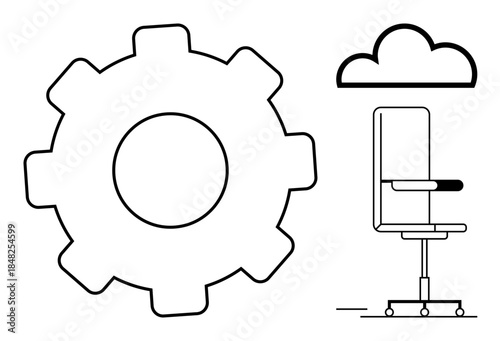 Technology systems, cloud services, office work, remote productivity, workplace tools, teamwork. Gear shape, cloud and an office chair. Technology systems and cloud services concepts