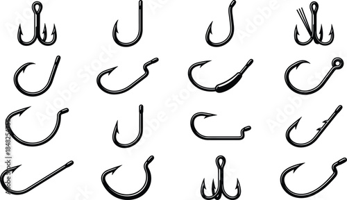 Fishing hook vector set, black steel fish hooks collection, isolated tackle icons for catching bait on white background design.