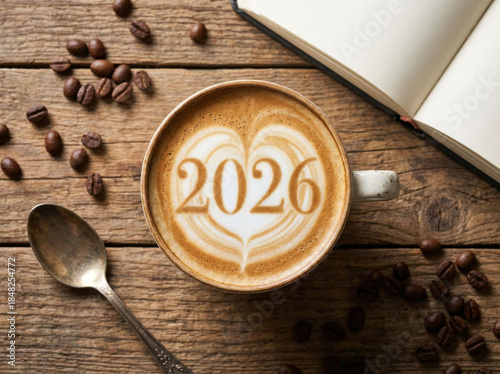 A cup of cappuccino coffee with foam announcing the new year 2026. Image created using AI