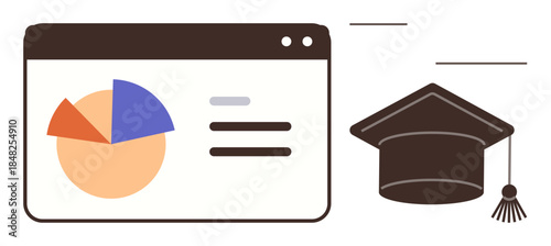 Graduation cap alongside a data dashboard with pie chart and text elements. Ideal for education, e-learning, data tracking, student progress, analytics, academic success, simple flat metaphor