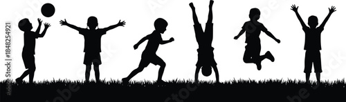 Happy children silhouette playing on grass, catching ball, jumping, doing handstand, vector illustration for active childhood concepts, black and white.