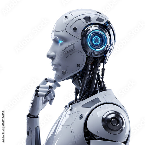 Cyborg robot with glowing blue eye and mechanical arm thinking