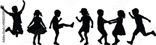 Happy children silhouette vector set, active group of kids jumping dancing and running together, isolated on white background design art.