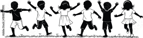 Happy group of children running silhouette vector illustration, black and white kids playing on grass, active childhood friends having fun together.