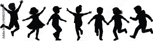 Happy children silhouette vector set, group of kids jumping running and playing together, active boys and girls collection, isolated on white.