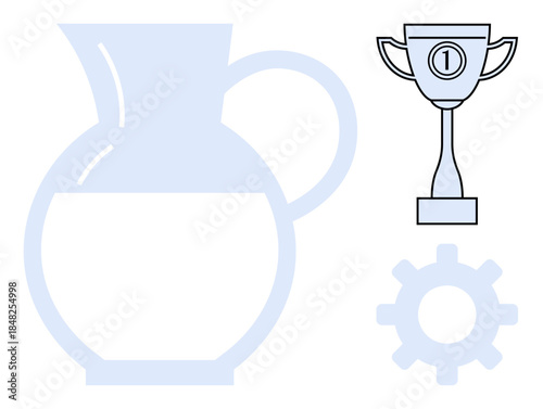 Achievement concept. Trophy success, with a gear for efficiency and a pitcher for resourcefulness. Achievement and connections in teamwork, leadership, innovation, success, productivity