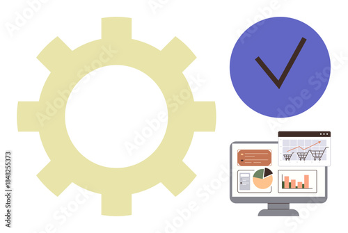 Gear icon, checkmark, and data dashboard with charts signify efficiency, automation, and decision-making. Ideal for productivity, approval, analysis, workflow management operations simple flat