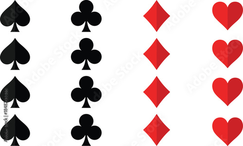 Playing card suits vector set, black spades and clubs, red hearts and diamonds symbols, gambling casino poker game design elements.