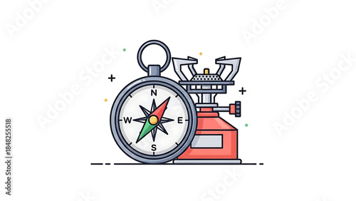 Minimalist Camping Adventure Gear: Classic Compass and Compact Stove Line Art.