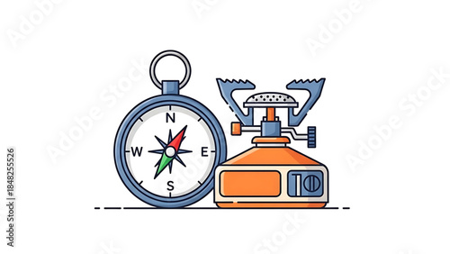 Essential Outdoor Equipment: Compass and Orange Camping Stove Line Illustration.