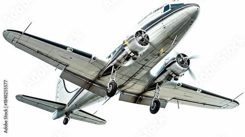Front low-angle view of vintage twin-engine propeller airplane isolated on white background.