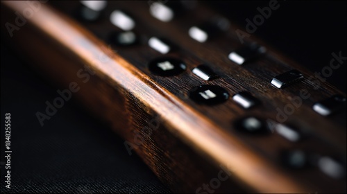 Close-up of a polished ebony violin fingerboard with intricate wood grain and reflective surfaces, showcasing fine craftsmanship for musical performance.