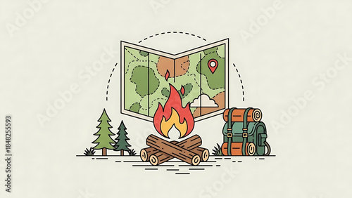 Cozy Campfire, Backpack, and Map Flat Design Illustration for Outdoor Exploration