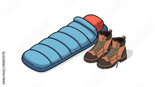 Detailed Isometric Camping Gear: Sleeping Bag with Red Lining, Sturdy Hiking Boots