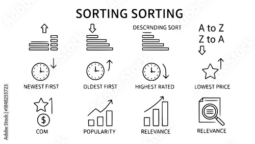 Sorting icons illustrate ranking action in a clean setting showing search details or Sorting icons indicate filtering operation in a simple layout displaying website features