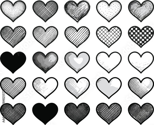 Set of textured heart icons vector illustration, black and white love symbols collection for valentine day design, hand drawn style.