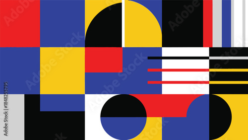 Vibrant geometric abstract composition with colorful shapes and lines on a white background, showcasing a dynamic interplay of red, blue, yellow, black, and white hues.