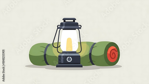 Essential Camping Gear: Vintage Lantern and Rolled Sleeping Mat for Outdoor Adventures