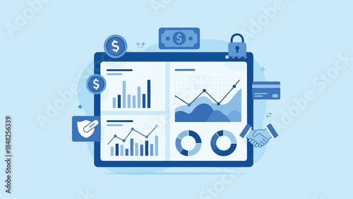 Infographic illustration of financial graphs and charts on a tablet with security icons on a light blue background.