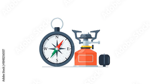 Minimalist Camping Gear: Navigation Compass and Portable Gas Stove for Outdoor Adventures.