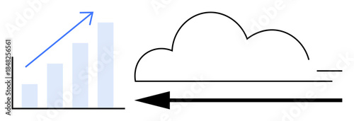 Data visualization. Bar chart with upward arrow growth and cloud data storage. Data visualization combines growth trends and cloud computing. For marketing, analytics, tech