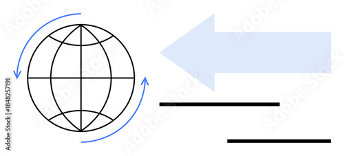 Globe with circular arrows and leftward large directional arrow, indicating movement or transfer concept. Ideal for global network, communication, internet, migration, data, trade, simple flat