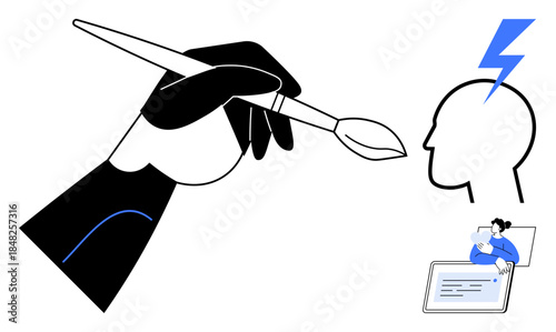 Creative process. Visual elements innovation, brainstorming, and digital tools use. Creative ideas merge traditional art with technology. Useful for creativity, innovation, brainstorming, digital