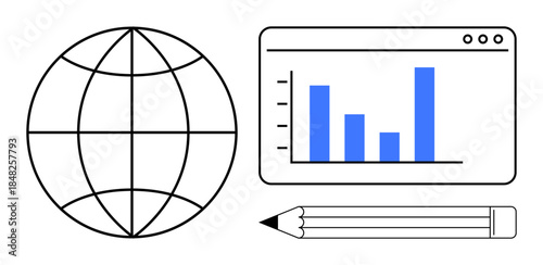 Data analysis, business insights, digital trends, global economy, research, statistics. A globe, bar graph and pencil global data analysis and research . Data analysis and business insights concept