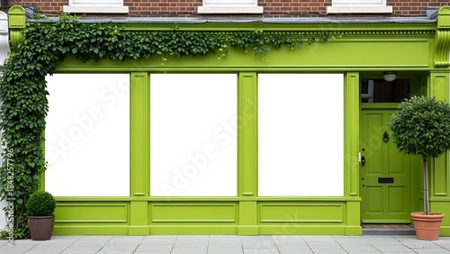 Storefront Facade Mockup Green Shop Frontage Blank Windows Ivy