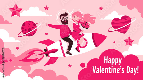 Romantic Valentine’s Day illustration of a happy couple riding a rocket through pink clouds and stars, holding flowers. Love, fantasy, and space-themed artwork perfect for greeting cards and celebrati
