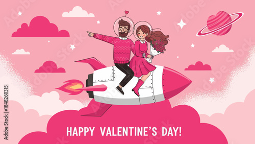 Romantic Valentine’s Day illustration of a happy couple riding a rocket through pink clouds and stars, holding flowers. Love, fantasy, and space-themed artwork perfect for greeting cards and celebrati